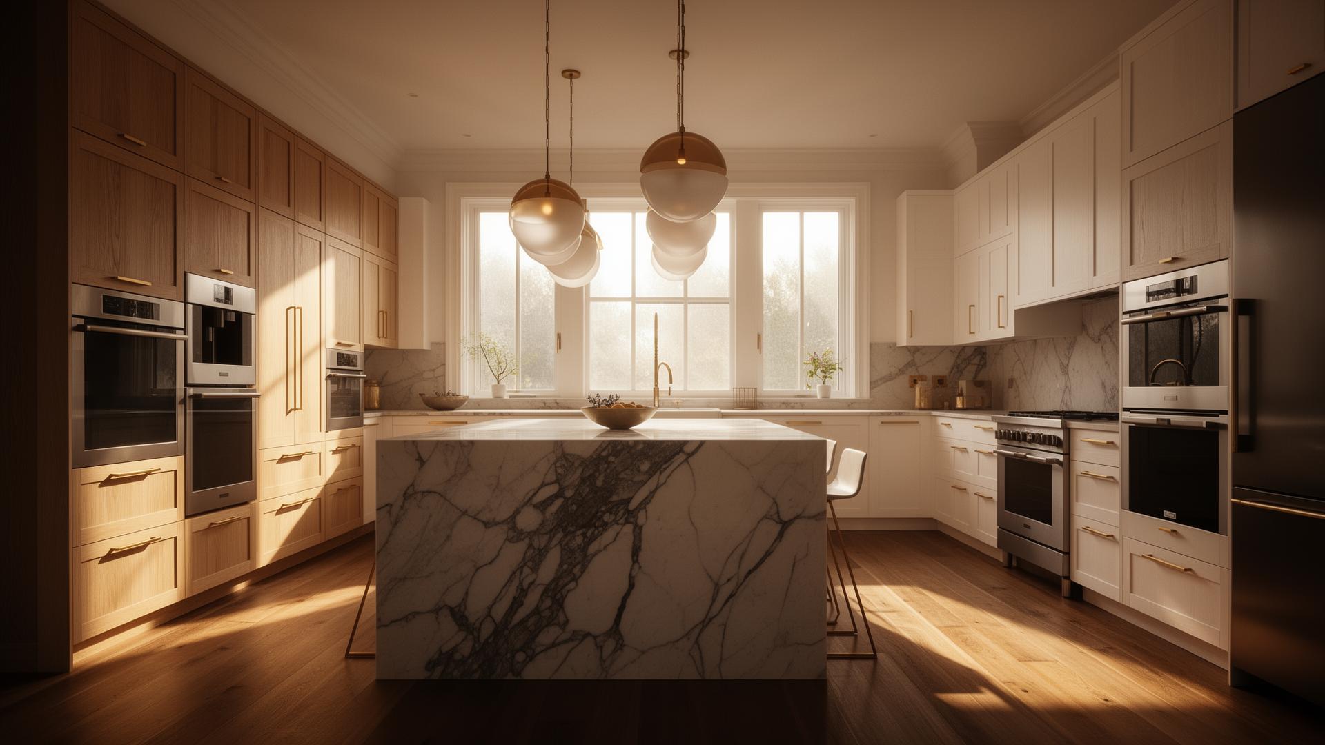 Modern luxury kitchen renovation with marble waterfall island